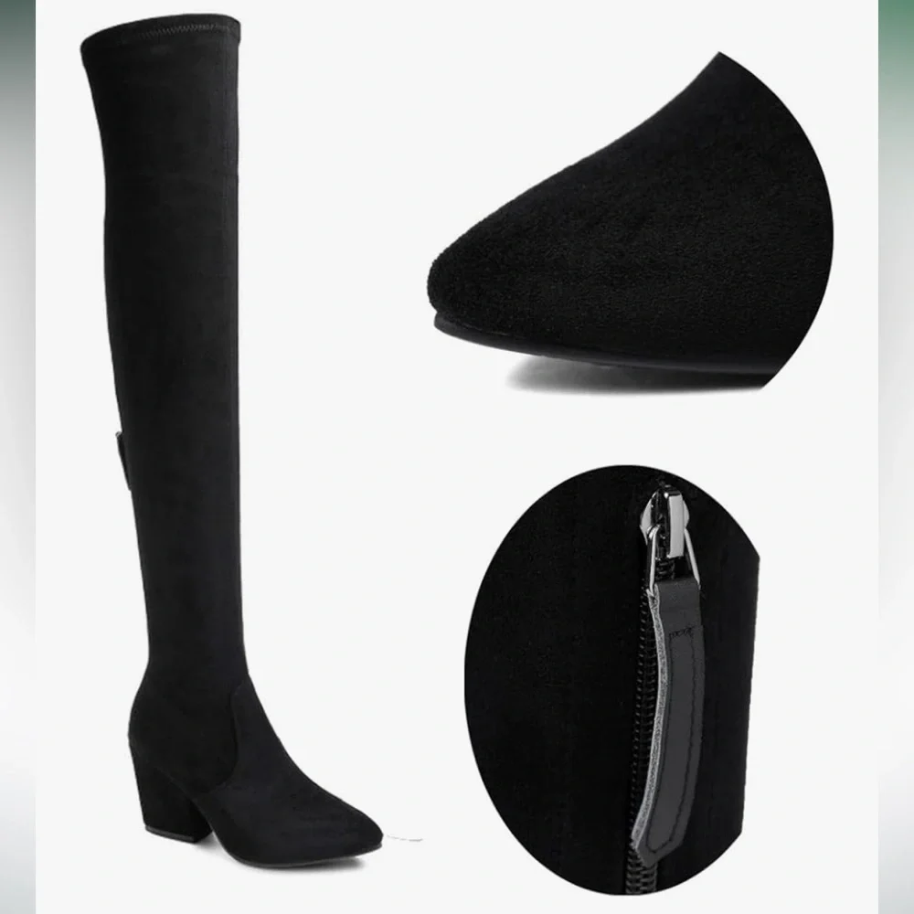 N.N.G Women Over the Knee Boots Thigh High Suede Block Heel in Black Size 9